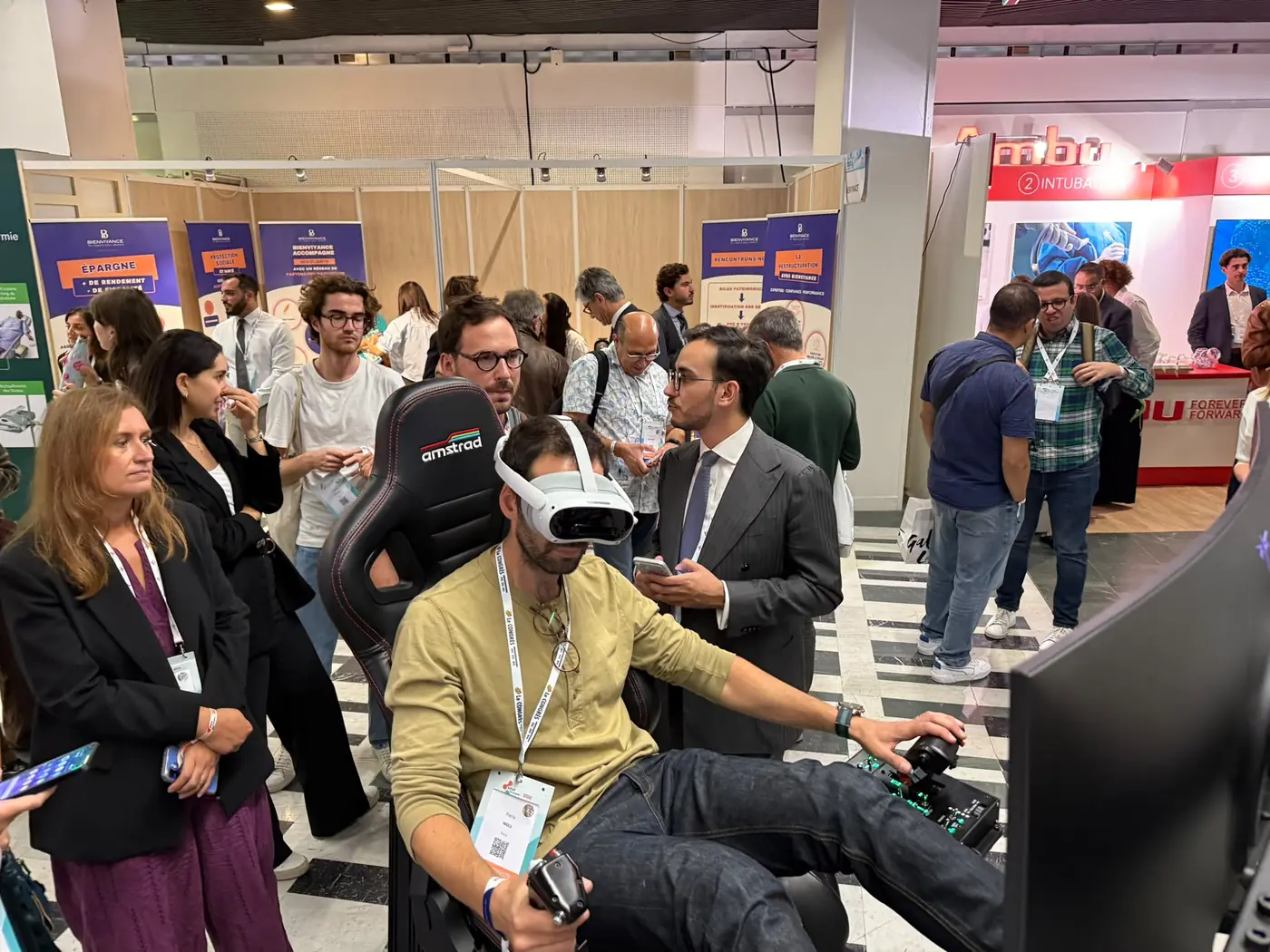 Guest flying in VR on a motion simulator at an expo